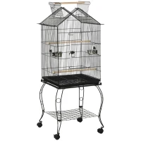 PawHut Gaiola para Pássaros com Suporte Rodas Bandeja Amovível 2 Comedouros e Prateleira Inferior de Metal 50x58x145 cm Preto(m-1)