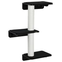 PawHut Árvore para Gatos de Parede com 3 Plataformas Almofada Removível e 2 Postes de Arranhar de Juta Torre para Escalar 63x28x93,5cm Preto e Bege(m-1)