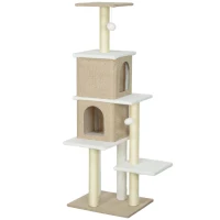 PawHut Arranhador para Gatos em Borrego com 2 Cavernas Plataformas Bolas Suspensas e Poste de Sisal 48x40x140 cm Marrom Claro(m-1)