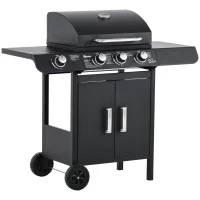 Outsunny Barbecue a Gás com 3+1 Queimadores 11,6KW 2 Mesas Laterais Armário de 2 Portas Termômetro e 2 Rodas Aço Inoxidável 110x50x100cm Preto(m-1)