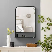 HOMCOM Espelho Decorativo de Parede 70x50cm Espelho Retangular de Metal com Prateleira de Armazenamento Estilo Moderno Preto(m-5)