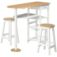 HOMCOM Conjunto de Mesa com 1 Gaveta 2 Prateleiras Cesta Removível e Suporte para Garrafas 119x38,5x88,5cm e 2 Bancos 29x29x55cm Branco(m-11)