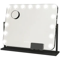 HOMCOM Espelho de Maquilhagem Estilo Hollywood com Luzes Espelho de Toucador Giratório com 14 Lâmpadas LED e Entrada USB 62,5x14x49,5 cm Preto(m-1)