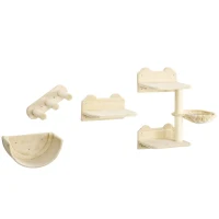 PawHut Prateleiras de Parede para Gatos 4 Peças com Rede Plataforma Semicircular Plataformas de Salto e Poste de Sisal Bege(m-1)