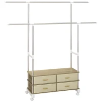 HOMCOM Charriot de Roupa com Rodas Altura Ajustável Barras Extensíveis e 4 Gavetas de Tecido  88-148x42x93-160 cm Bege(m-1)