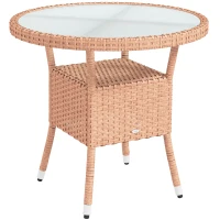 Outsunny Mesa de Vime Redonda Ø80x75 cm Mesa de Jardim com Prateleira Tampo de Vidro para Terraço e Pátio Natural(m-1)