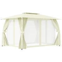 Outsunny Pérgola de Jardim 4x3 Pérgola de Exterior com Teto Duplo 4 Cortinas Laterais 4 Telas Mosquiteiras com Zíper e Estrutura de Aço para Festas Eventos Bege(m-1)