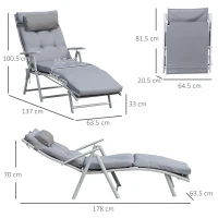 Outsunny Sdraio da Giardino Pieghevole con Materassino e Cuscino, Schienale con 7 Reclinazioni, 137x63.5x100.5cm, Grigio(m-3)