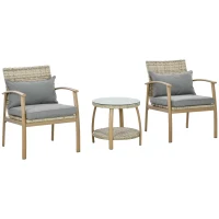 Outsunny Conjunto de Cadeiras e Mesa em Vime com Estrutura de Alumínio Inclui 2 Cadeiras 1 Mesa de Vidro Temperado Natural e Marróm(m-1)