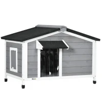 PawHut Casa para Cães de Madeira Casa para Animais de Estimação com Teto Asfáltico 2 Janelas Porta com Cortina 97x72x65 cm Cinza(m-1)