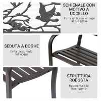 Outsunny Panchina da giardino Impermeabile Acciaio e Ghisa per Esterni, Schienale con Decorazioni Motivo Naturale, 127x60cm, Marrone(m-5)