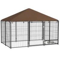 PawHut Parque para Cães com Toldo com Suporte Giratório para Comida 2 Tigelas Incluídas 211x141x151 cm Preto e Marrom(m-1)