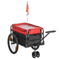 HOMCOM Reboque de Bicicleta para Carga 40kg Carrinho de Transporte com Bandeira Guiador Desmontável Estrutura de Aço e Refletores 130x64x103cm Preto e Vermelho(m-1)