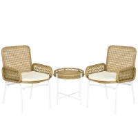 Outsunny Conjunto de Mesa e Cadeiras para Exterior Inclui 2 Cadeiras e 1 Mesa de Centro de Vime com Almofadas para Terraço Natural