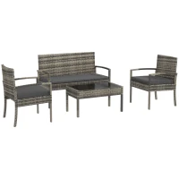 Outsunny Conjunto Móveis de Jardim de 4 Peças em Vime Sintético com 2 Poltronas 1 Sofá de 2 Lugares e 1 Mesa de Centro Cinza(m-1)