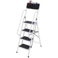 HOMCOM Escada Dobrável com 4 Degraus Apoio para os Braços e Suporte para Ferramentas 50x83x155 cm Branco(m-1)