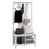 HOMCOM Móvel Cabide de Entrada de Madeira Móvel de Entrada com Banco 2 Prateleiras e 3 Ganchos para Pendurar 80,5x40x168 cm Branco(m-10)