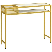 HOMCOM Mesa Consola com Prateleira Cesta de Armazenamento e Estrutura de Aço Móvel de Entrada 100x30x80 cm Dourado e Branco(m-1)