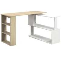 HOMCOM Mesa de Computador Secretária Mesa de Canto Giratória 360° com 5 Prateleiras 120x110x74,5 cm Madeira e Branco(m-1)