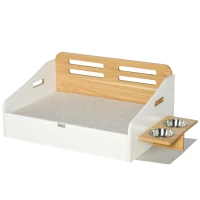 PawHut Cama de Madeira para Cães Gatos Sofá para Animais de Estimação Médios e Pequenos com Comedouro 2 Tigelas Almofada Acolchoada 100x56x39cm Natural e Branco(m-1)
