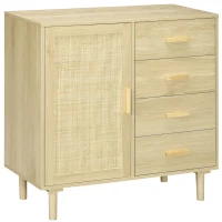 HOMCOM Aparador Sala de Estar Estilo Cannage com Porta de Vime 4 Gavetas e Pés de Madeira de Pinho 80x38x80,5 cm Madeira(m-1)