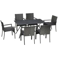 Outsunny Conjunto de Refeição de Jardim em Vime Sintético Conjunto de 7 Peças Inclui 6 Cadeiras com Almofadas e Mesa de Metal Cinza(m-1)