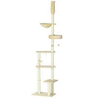 PawHut Arranhador para Gatos do Solo ao Teto de 230-250 cm  com Altura Ajustável Múltiplas Plataformas Rede Bolas Suspensas Bege