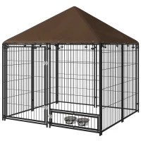 PawHut Parque para Cães com Toldo com Suporte Giratório para Comida 2 Tigelas Incluídas 141x141x151 cm Preto Marrom(m-1)