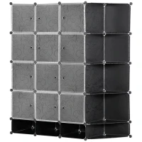 HOMCOM Armário Modular de Plástico Armário Portátil com 16 Cubos e 2 Barras Organizador de Sapatos Roupas Brinquedos para Entrada Corredor Dormitório 145x46x162cm Preto e Branco(m-1)