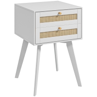 HOMCOM Mesa de Cabeceira Branca Estilo Boho com 2 Gavetas e Decoração de Vime para Quarto Sala de Estar 40x40x60 cm