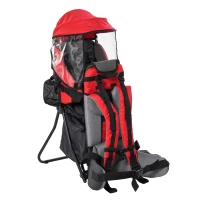 HOMCOM Mochila Porta Bebés Dobrável Mochila Porta Bebés Ergonómica com Capa Impermeável Base de Suporte e Múltiplos Bolsos para 6-36 Meses Carga Máxima 15kg 38x77x87,5cm Vermelho(m-1)