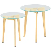 HOMCOM Conjunto de 2 Mesas de Apoio Modernas com Bancada de Vidro Temperado e Estrutura Metálica Ø50x45 cm e Ø40x40 cm Transparente(m-1)