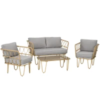Outsunny Conjunto de Jardim de 4 Peças em Vime Sintético com 2 Poltronas 1 Sofá de 2 Lugares 1 Mesa e Almofadas Natural e Cinza(m-1)