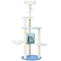 PawHut Arranhador para Gatos com Postes de Sisal Caverna Cama Rede e Bola de Brinquedo Ø54,5x155 cm Branco e Azul(m-1)