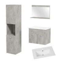kleankin Conjunto de Móveis Casa de Banho 3 Peças com Espelho Móvel com Lavatório Cerâmico e Coluna de Casa de Banho Cinza(m-1)
