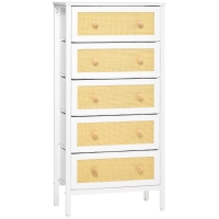 HOMCOM Cómoda Estilo Bohemio com 5 Gavetas de Tecido Dobráveis Superfície de Vime PE e Estrutura de Aço 62x30x126,5 cm Branco