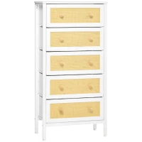HOMCOM Cómoda Estilo Bohemio com 5 Gavetas de Tecido Dobráveis Superfície de Vime PE e Estrutura de Aço 62x30x126,5 cm Branco(m-1)