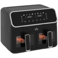 HOMCOM Fritadeira sem Óleo de 8L e 2700W com 2 Cestos Independentes 8 Programas Pré-configurados Ecrã LED Tátil 39x38,5x31 cm Preto(m-1)