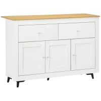 HOMCOM Aparador Móvel Auxiliar de Cozinha com 2 Gavetas 3 Portas e Prateleira Ajustável Móvel de TV de até 50 Polegadas 117x35x80 cm Branco e Madeira(m-1)