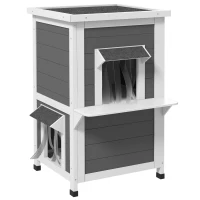 PawHut Casa para Gatos de Madeira 60x60x81,5 cm de 2 Níveis com Cortina e Portas com Beirais Impermeáveis Cinza e Branco(m-1)