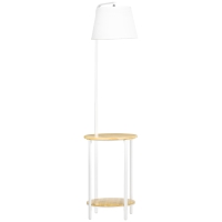 HOMCOM Candeeiro de Pé Moderno com Prateleira Suporte para Lâmpada E27 Máx. 40W com Ecrã de Linho Ø37x162cm Branco e Madeira