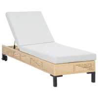 Outsunny Espreguiçadeira de Vime de Jardim Chaise Longue com Encosto Ajustável em 3 Posições Almofada Acolchoada e 2 Rodas para Terraço Exterior Aço 65x200x31cm Natural e Bege(m-1)