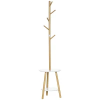 HOMCOM Cabide de Pé de Bambu 2 em 1 com 2 Prateleiras 5 Ganchos e Estrutura de Alumínio 39x5x39,5x71cm Madeira e Branco(m-1)