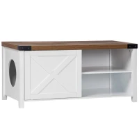 PawHut Casa para Gatos de Madeira Móvel Caixa de Areia para Gatos 2 em 1 com Porta Deslizante e Prateleira Interior 109x51x52cm Branco(m-1)