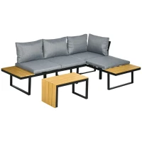 Outsunny Conjunto Móveis de Jardim de Alumínio 3 Peças Inclui 2 Sofás com Almofadas Mesa de Centro e Painel Lateral Cinza e Madeira(m-1)