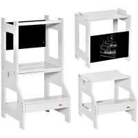 HOMCOM Torre de Aprendizagem para Crianças de Madeira Convertível em Secretária com Ardósia e Barra de Segurança 42x44x86 cm Cinza(m-1)