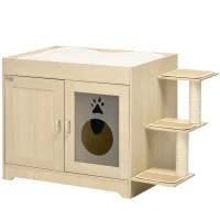 PawHut Caixa de Areia para Gatos de Madeira com Cama Almofada Suave 3 Plataformas e Postes de Sisal 107x54x70cm Carvalho(m-1)