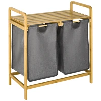 HOMCOM Cesto de Roupa de Bambu para Lavandaria com 2 Bolsas Amovíveis e Prateleira 63,5x33x73 cm Madeira e Cinza(m-1)