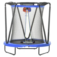 ZONEKIZ Trampolim Infantil Ø140x155 cm Trampolim para Crianças de 3-10 Anos com Cesta de Basquetebol e 20 Bolas de Plástico Azul(m-1)