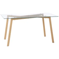 HOMCOM Mesa de Jantar para 6 Pessoas com Bancada de Vidro Temperado e Pés de Aço com Efeito de Madeira 150x75x76 cm Transparente e Madeira(m-1)